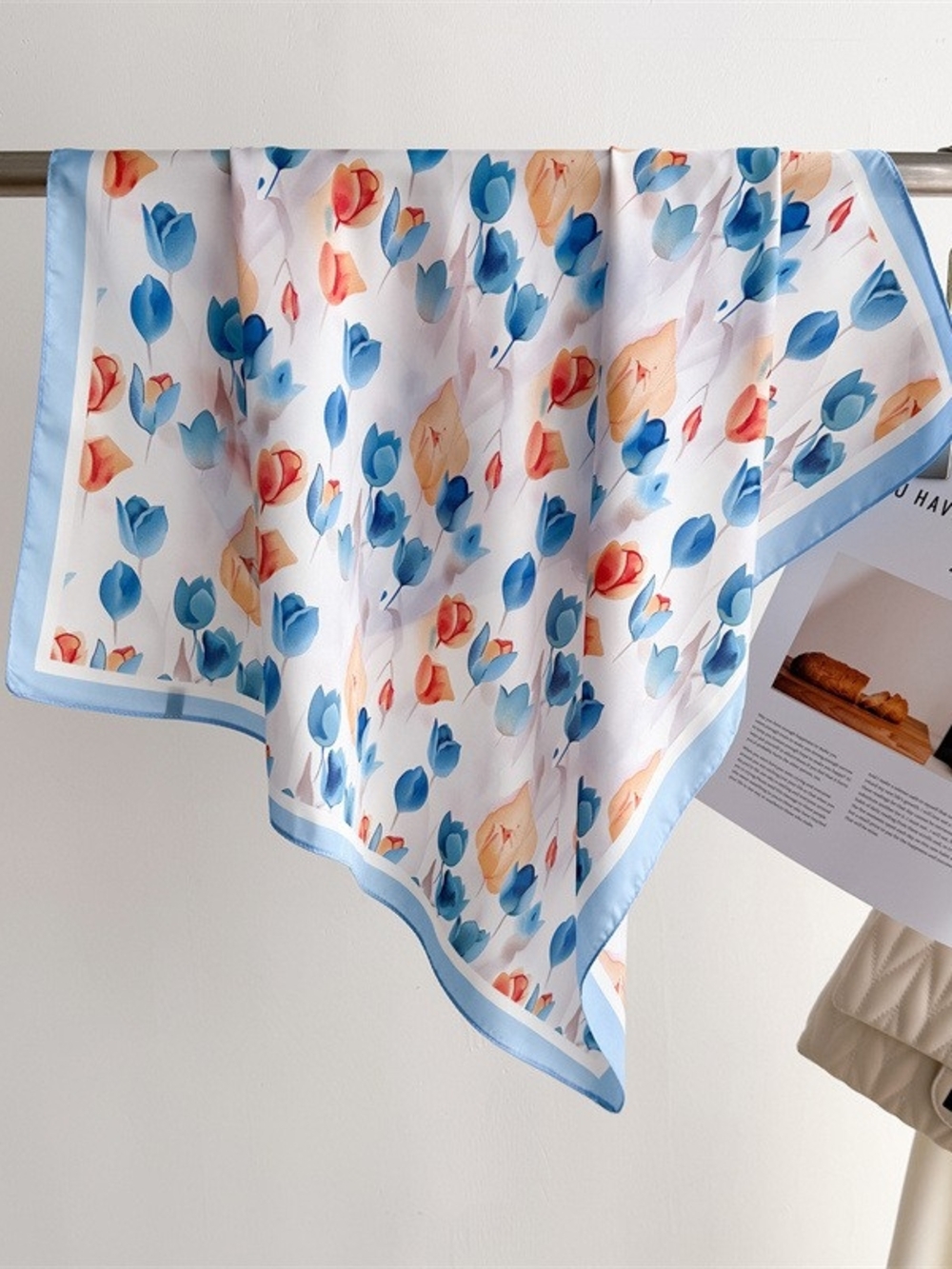 Silk-feel Blue Floral Tulip Scarf Head , Neck 70*70cm